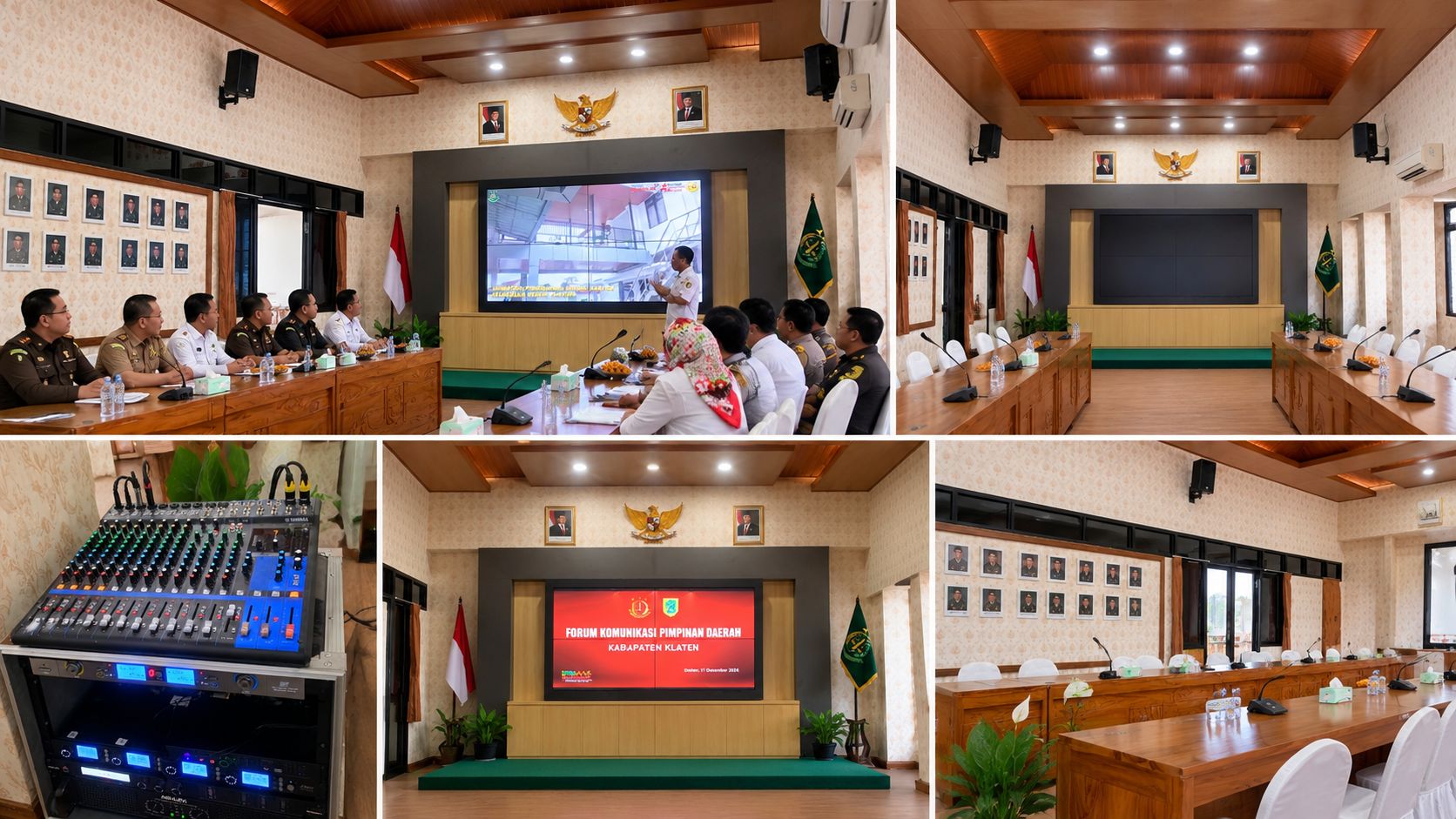 Integrasi display, camera, microphone, dan sistem audiovisual pada meeting room