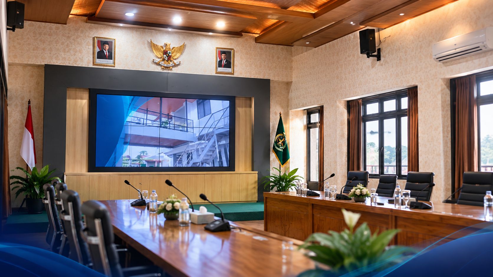 Meeting room modern dengan sistem audiovisual terintegrasi untuk presentasi dan kolaborasi