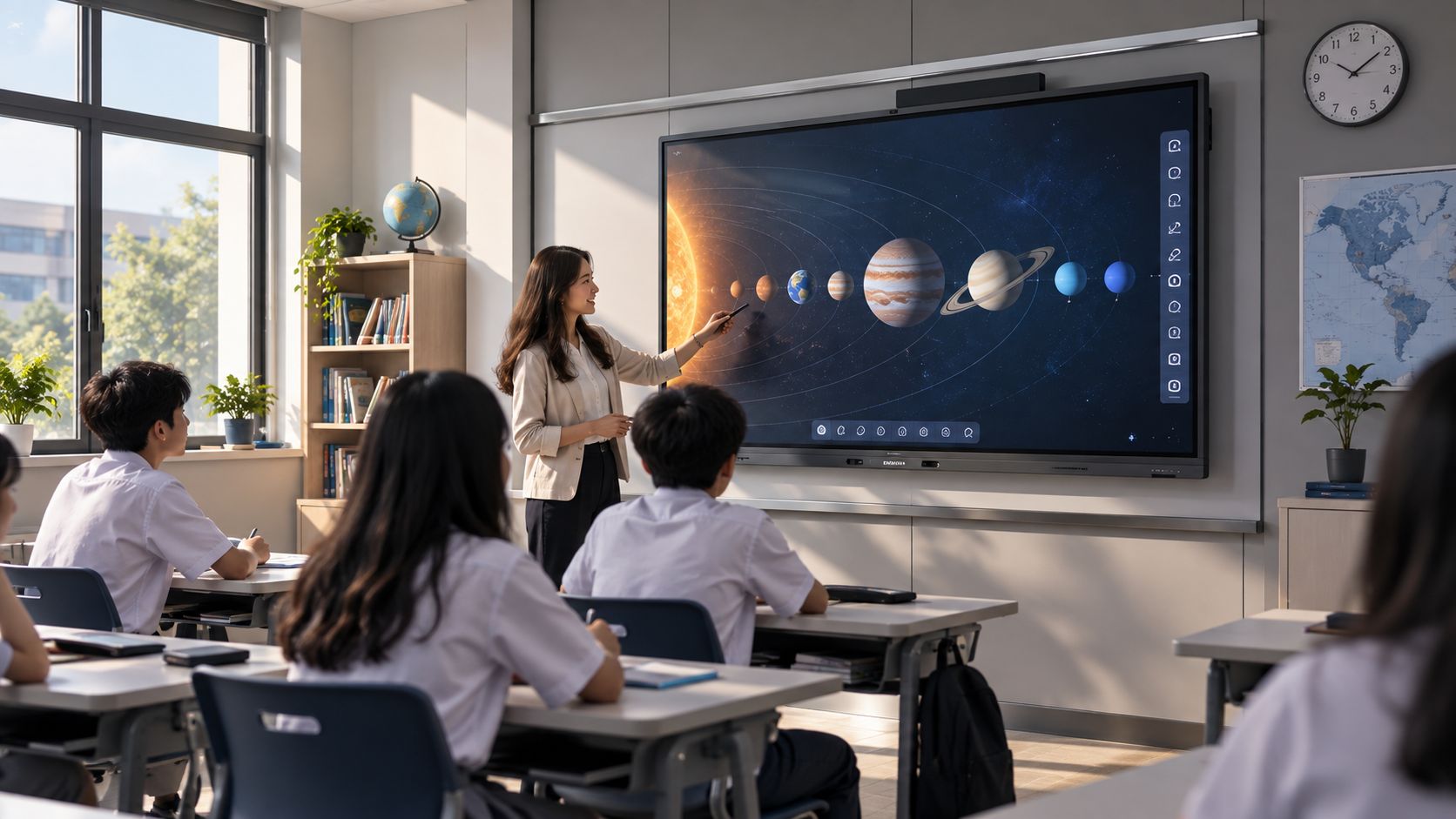 Guru menggunakan Interactive Flat Panel (IFP) untuk pembelajaran interaktif di ruang kelas